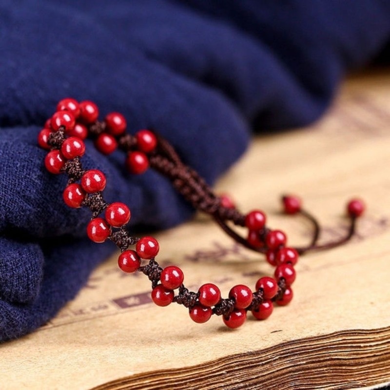 Bracelet Beaded Men - Özelleştirilmiş doğal kırmızı Cinnabar 6mm boncuk