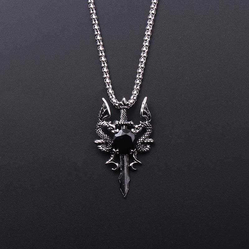 Men Accessories Necklace - Çift Ejderha Siyah Mücevher Çapraz Kolye